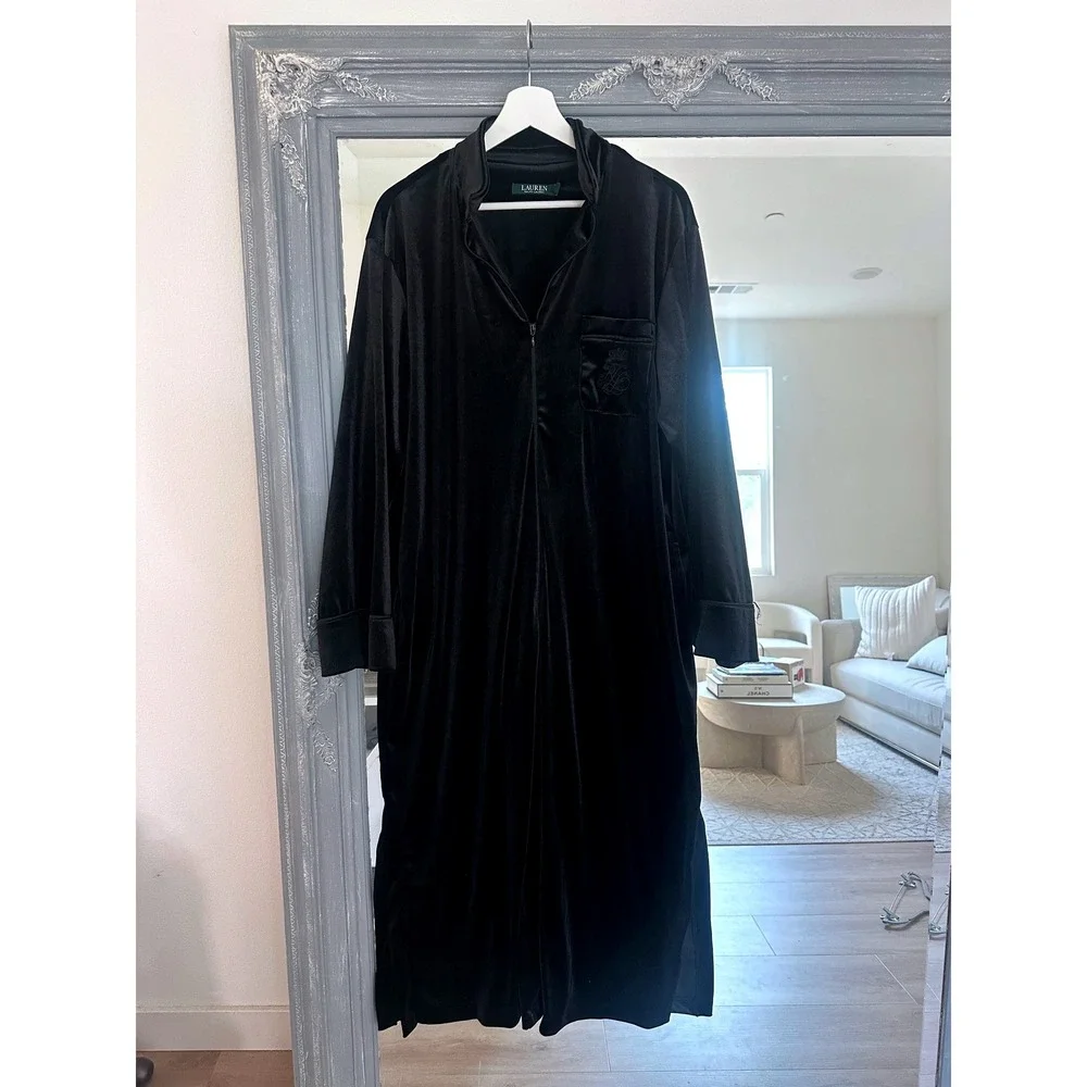 Lauren Ralph Lauren Black Velvet Zip Front Robe Caftan Long Sleeve Crest Logo L